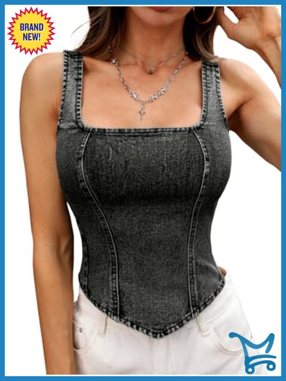 Denim Corset Tank Top Sleeveless Square Neck Back Zip Stretch Concert Y2K